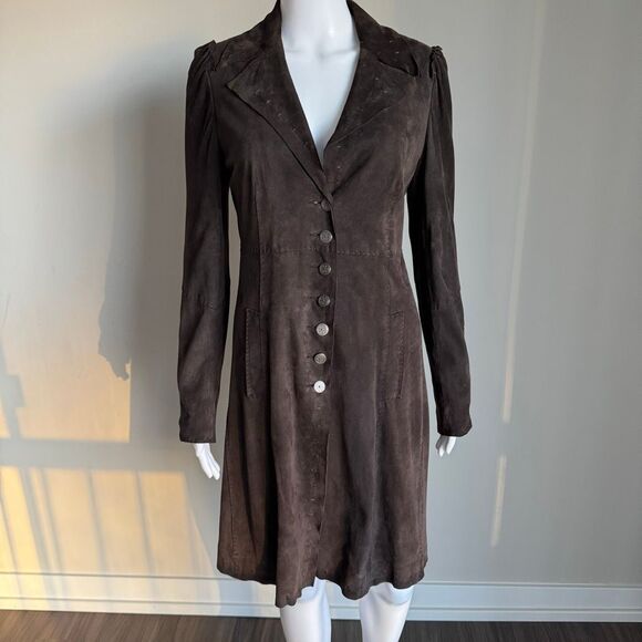 Elie Tahari Long Brown Suede Fitted Jacket With Ornate Buttons Size S - Picture 1 of 10